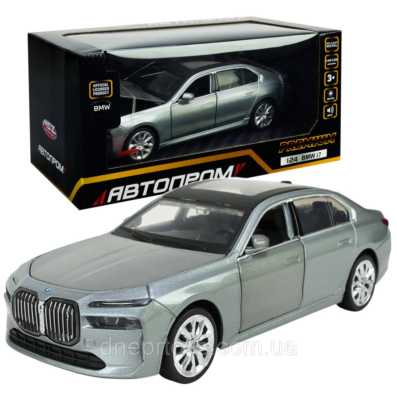 Машина метал BMW i7 срібло 1:24 Автопром світло звук відкр двері капот багажник 22*8*6,5 см (68283A), фото 1
