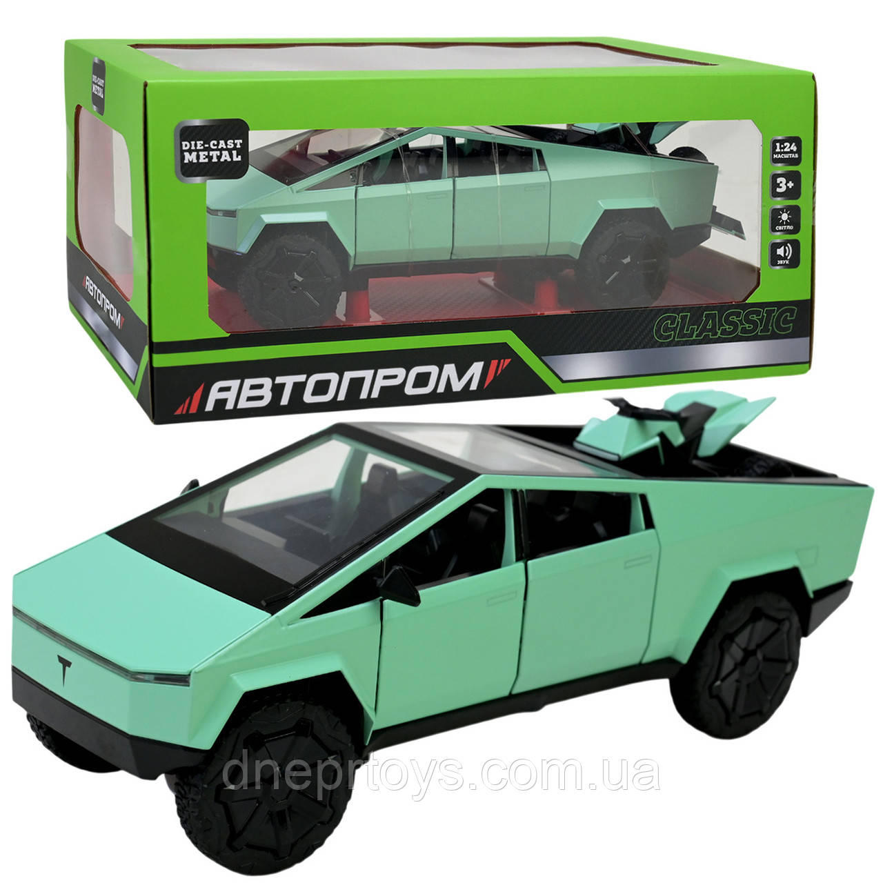 Машина метал Tesla pickups Тесла зелена 1:24 мотоцикл світло звук 23,5*8*8,5см (AP7726), фото 1