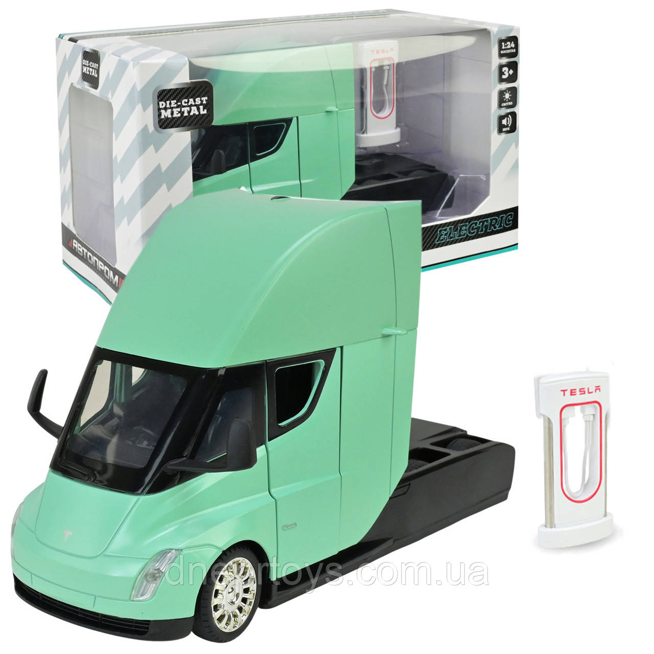 Машина метал Tesla semi truck head Тесла вантажівка зелений 1:24 світло звук 20*7*12см (AP7731), фото 1