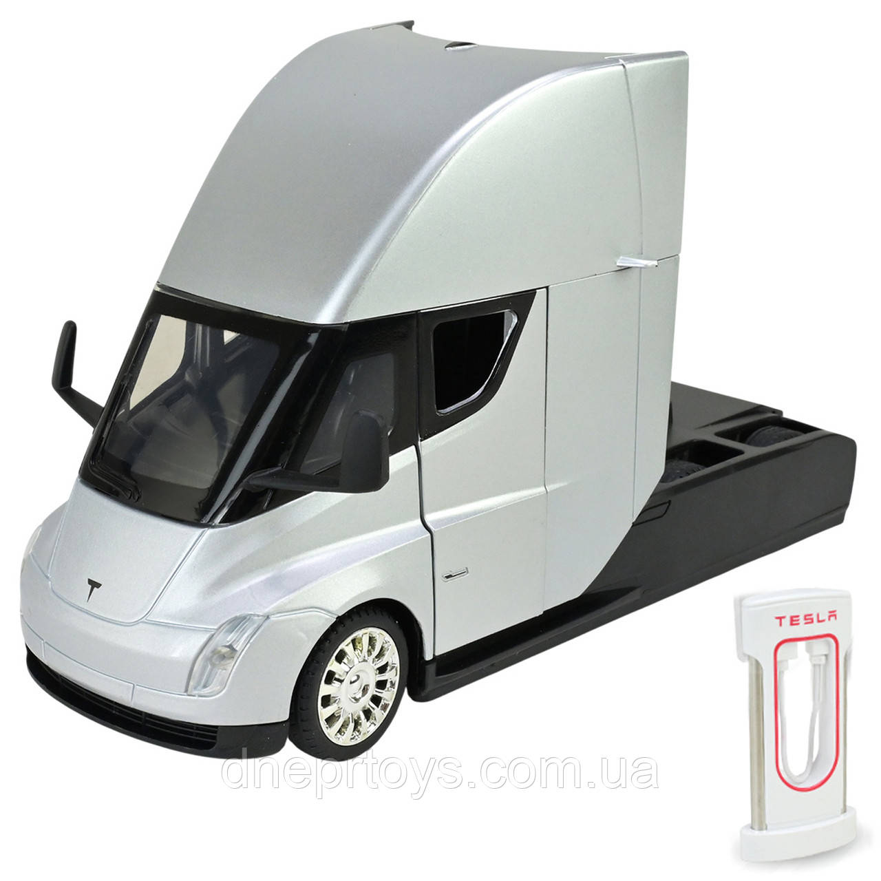 Машина метал Tesla semi truck head Тесла вантажівка срібло 1:24 світло звук 20*7*12см (AP7731), фото 1