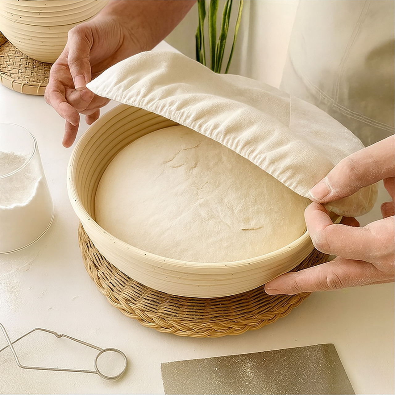 Кошик для вистоювання тіста хліба кругла з натурального ротанга з тканинним чохлом (діаметр 25 см)