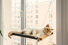 Гамак на вікно PetJoy для кота з дерев'яною основою, коричневий+сірий