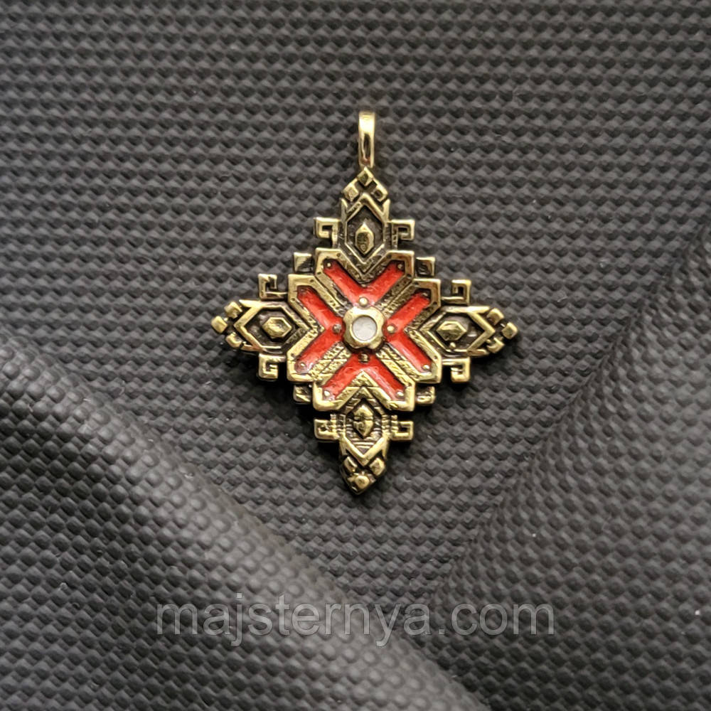 Згарда, латунна підвіска з емаллю. Литий латунний хрестик з гарячою емаллю M038/1 червоний - білий