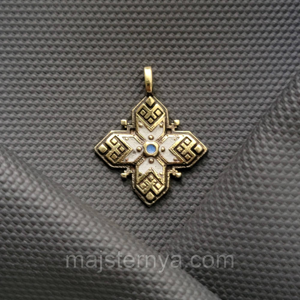 Хрестик латунний з гарячими емалями - литий хрестик для зґарди або ланцюжка, орнамент у гуцульському стилі