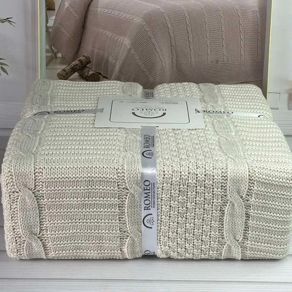 Плед в'язаний акриловий, 220х240см Romeo Home Erguvan bej, Бежевий / Покривало акрилове / Ковдра на ліжко, фото 1