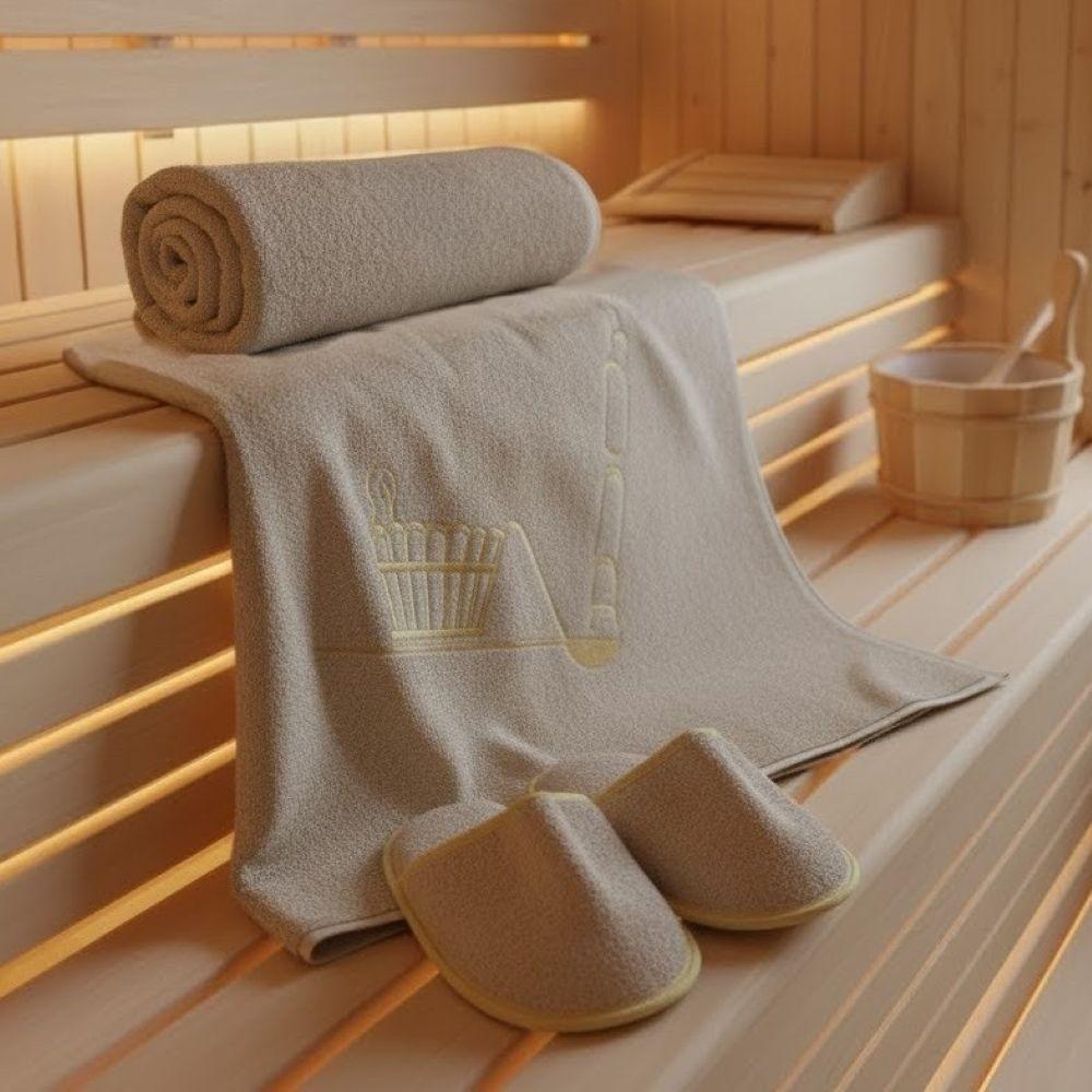 Набір в сауну, рушник-спідниця, рушник, капці Suvari Bej, Бежевий / Банний набір / Комплект для лазні, фото 1