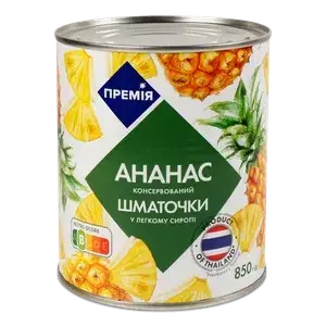 Ананас шматочками «Премія»® в легкому сиропі 850г