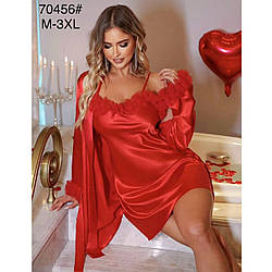 Жіночий червоний шовковий халат і нічна сорочка Розміри: 44,46,48,50,52 (49515)