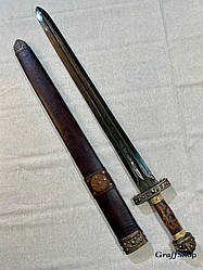 Темний рунічний меч вікінгів, руків'я з капу горіха, піхви зі шкіри, ручна робота