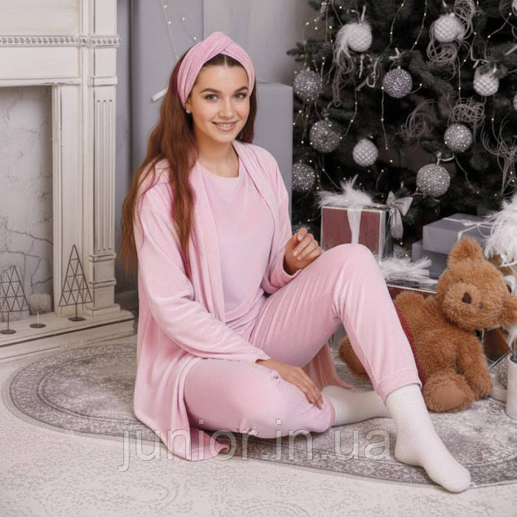 Жіночий домашній комплект 5 в 1 Рожевий S-L Піжама та халат для дівчат Велюровий комплект для дому, фото 1