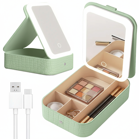Портативний кейс-органайзер для косметики з дзеркалом і підсвіткою Зелений, фото 1