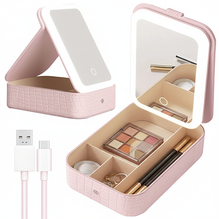 Дорожня б'юті-косметичка з LED дзеркалом на акумуляторі Рожевий, фото 1