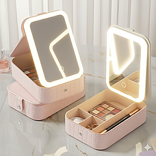 Дорожня б'юті-косметичка з LED дзеркалом на акумуляторі Рожевий, фото 2