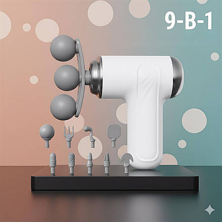 Портативний перкусійний масажер LM-130 для глибокого масажу з 9 насадками, фото 1