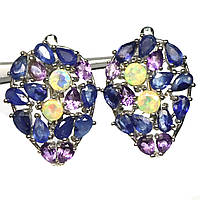 Сережки. Натуральний опал, аметист і сапфір. Срібло 925.