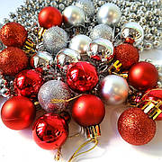 Набір новорічних іграшок 24 шт 3см червоні, срібні | прикраси ялинкові | новорічні іграшки