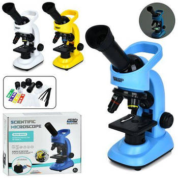 Мікроскоп дитячий (3 кольори, 22см, світло, пінцет, скло, інструменти) W5807A