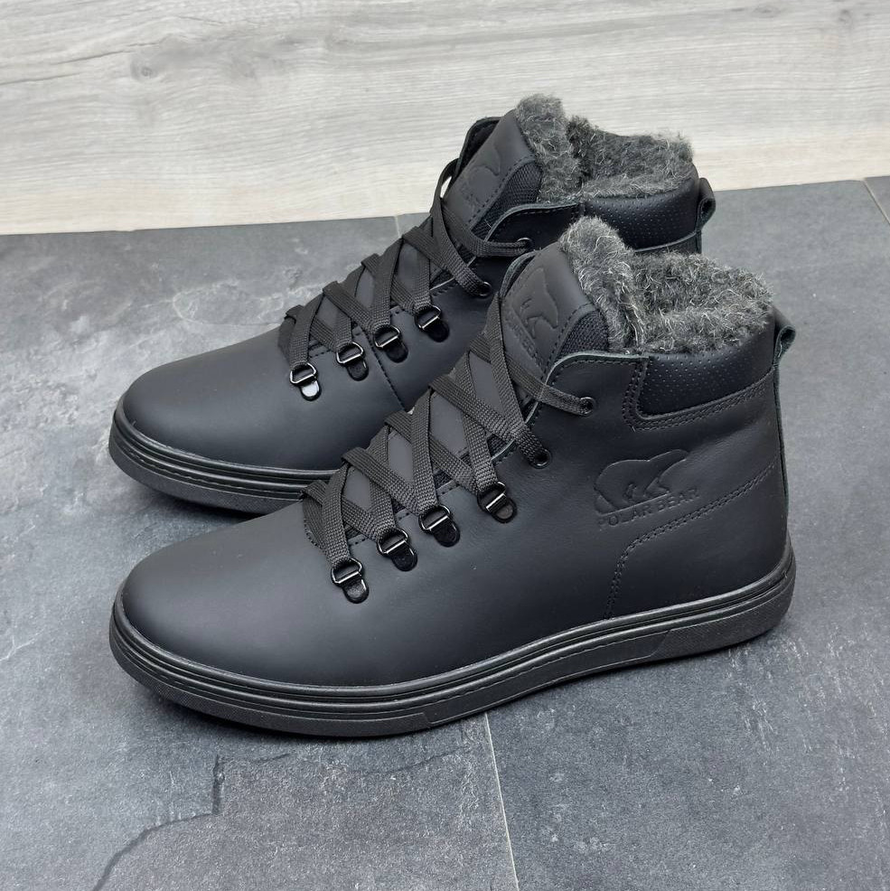 Зимові чоловічі шкіряні черевики, кросівки чорні утеплені з натуральної шкіри на хутрі на зиму для чоловіків, розмір 40-45, фото 1