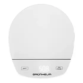 Кухонні електронні ваги Grunhelm KES-015LW до 5 кг LED-дисплей, сенсорне керування, автoвимкнення, ультратонкий корпус білі