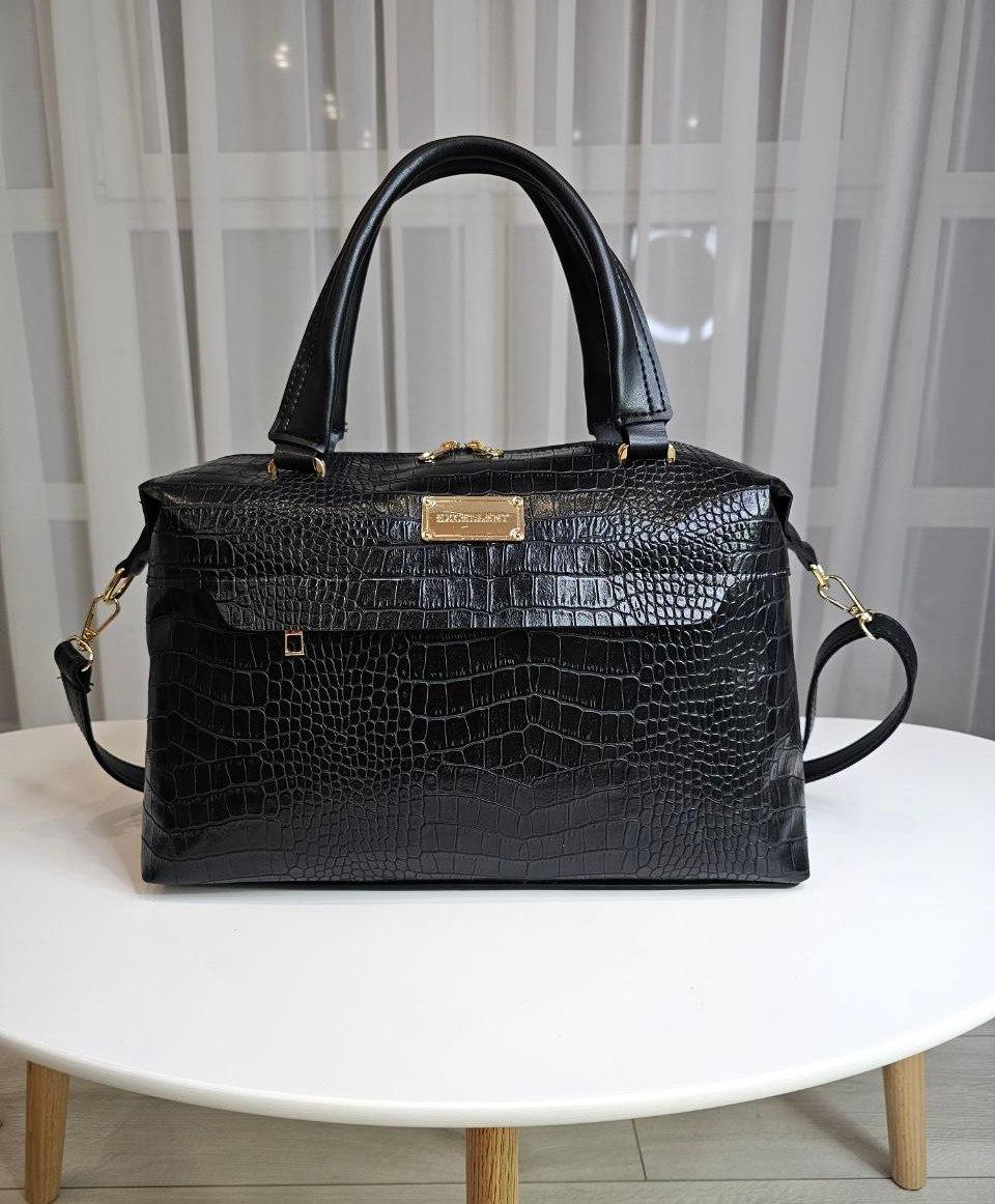 Велика жіноча сумка саквояж модна міська чорна рептилія екошкіра, фото 1