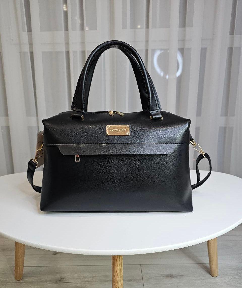 Велика жіноча сумка саквояж модна міська чорна екошкіра