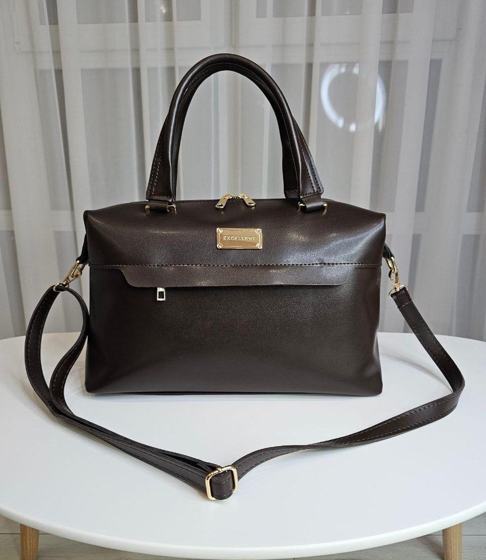 Велика жіноча сумка саквояж модна міська коричнева екошкіра