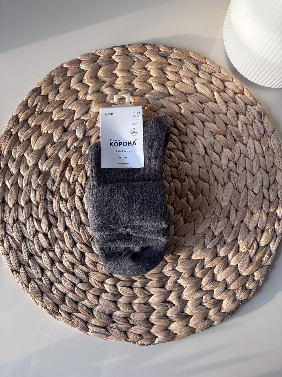 Теплі шерстяні шкарпетки, високі, з підворотом, сірі, фото 1