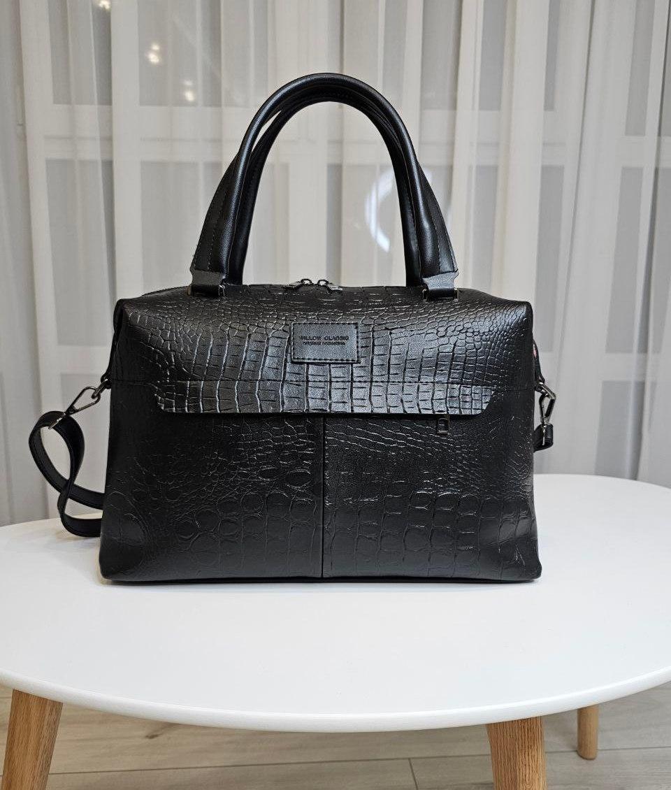Містка жіноча сумка саквояж модна міська чорна рептилія екошкіра, фото 1
