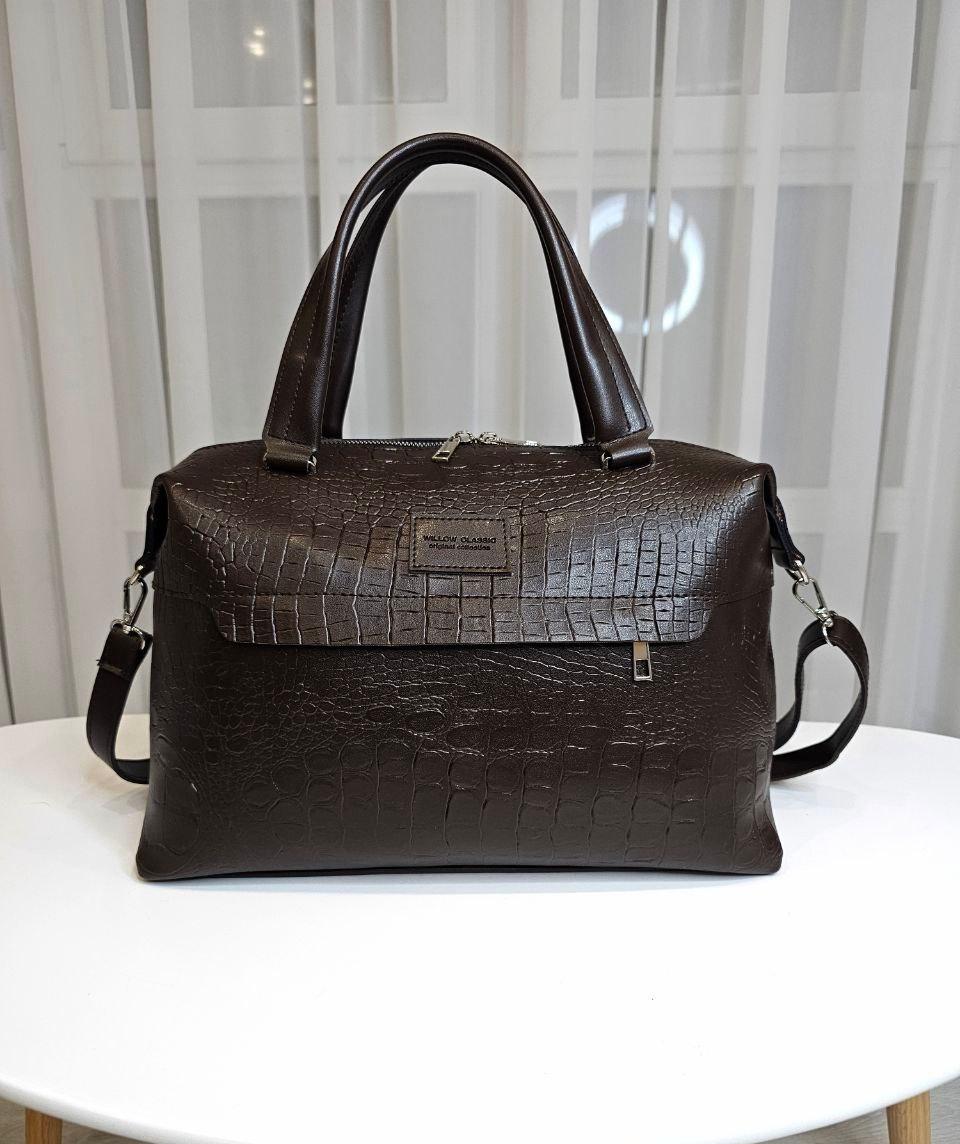 Містка жіноча сумка саквояж модна міська коричнева рептилія екошкіра