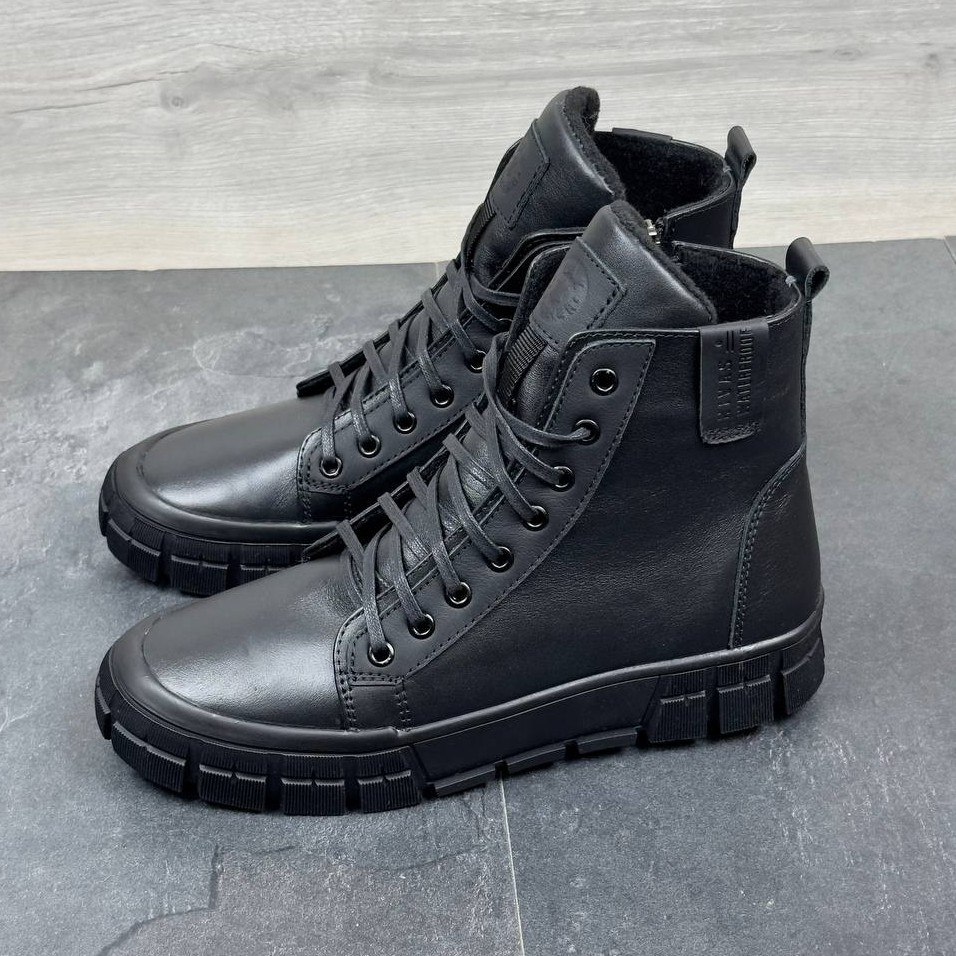 Зимові чоловічі шкіряні черевики на блискавці чорні утеплені з натуральної шкіри на хутрі на зиму, розмір 40-45, фото 1