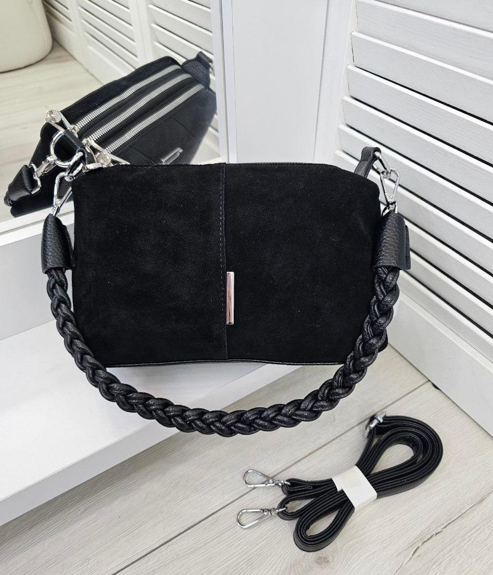 Жіноча двохстороння сумка кросбоді сумочка чорна натуральна замша+шкірзам