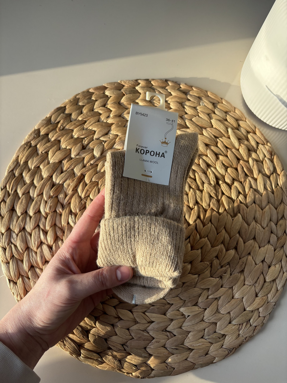 Теплі шерстяні шкарпетки, високі, з підворотом, бежеві, фото 1