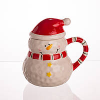 Новорічна порцелянова чашка з кришкою для чаю та кави 400 (мл) Сніговик дитяча чашка на подарунок на новий рік CR-1-34