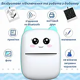 Портативний термопринтер мобільний міні принтер з наклейками Котик X5 бірюзовий з набором паперу 12 шт, фото 4