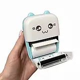Портативний термопринтер мобільний міні принтер з наклейками Котик 09 бірюзовий з набором паперу 12 шт, фото 5