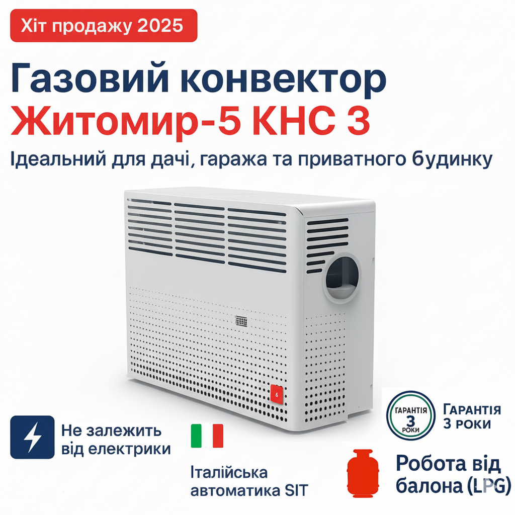 Газовий конвектор Житомир-5 КНС 3 кВт до 30м² від газу або балона., фото 1