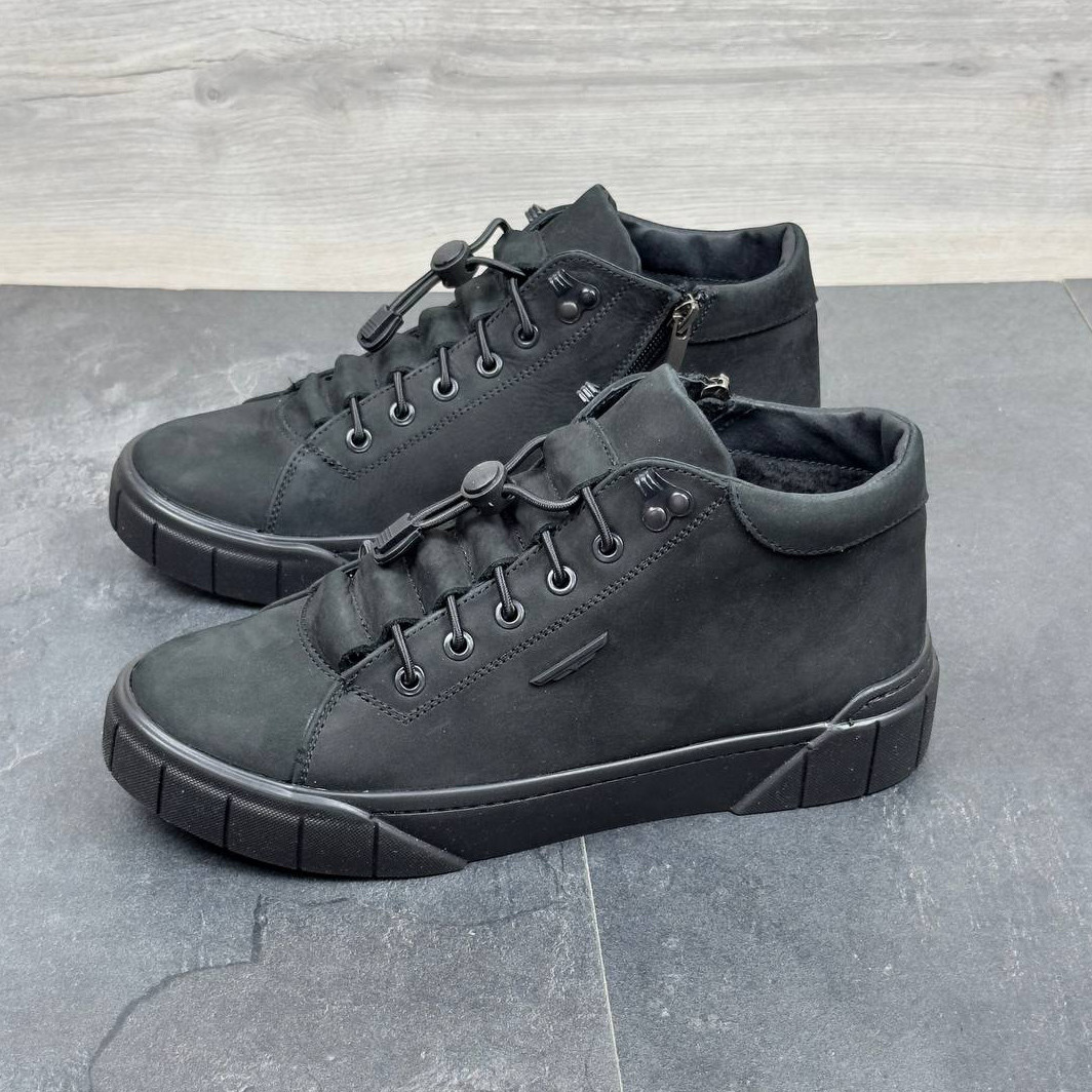 Зимові чоловічі шкіряні черевики, кросівки на блискавці чорні утеплені з натурального нубука на хутрі на зиму, розмір 40-45, фото 1