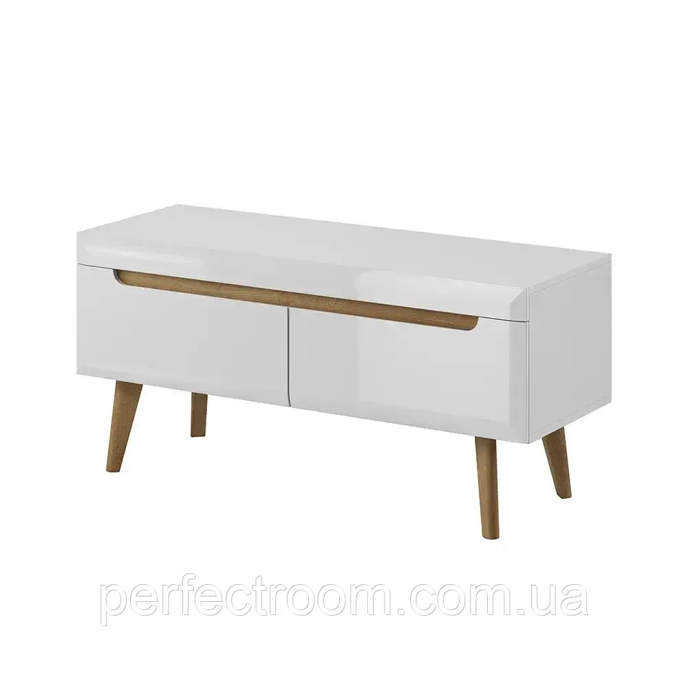 Тумба TV з двома шухлядами на ніжках у вітальню Nordi NRTV107 Білий глянець/Дуб Рів'єра Meble Piaski