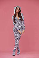 Тепла жіноча піжама з кишенею на попі та капюшоном SweetJama Frozy сірий Леопард