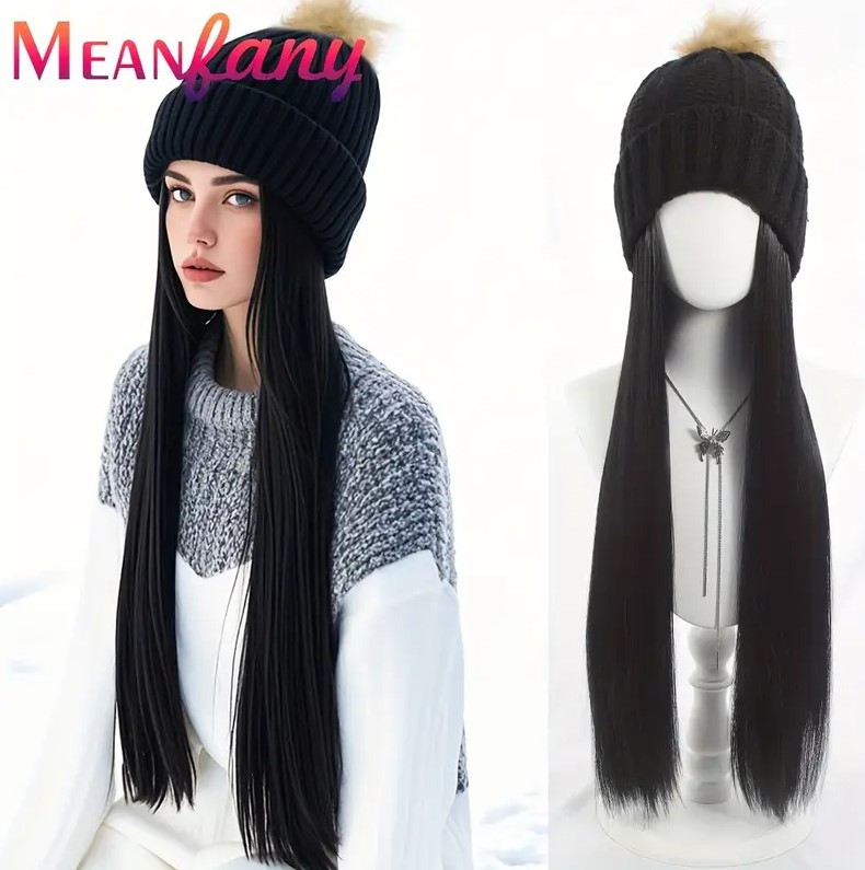 Перука з зимовою шапкою чорне довге волосся 56 см термоволокно, фото 1
