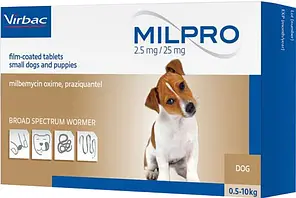 Virbac Milpro 2,5 мг/25 мг (Мілпро) Антигельмінтні 1 пігулка для цуценят і малих порід собак (до 5 кг)