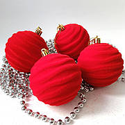 Новорічні кулі оксамитові червоні 8 см — набір ялинкових прикрас