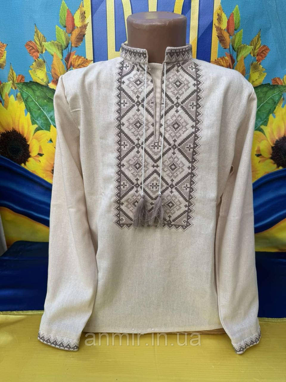 Вишиванка дитячий комір-стійка на зав'язках льон для хлопчика 2-6 років, бежевого кольору