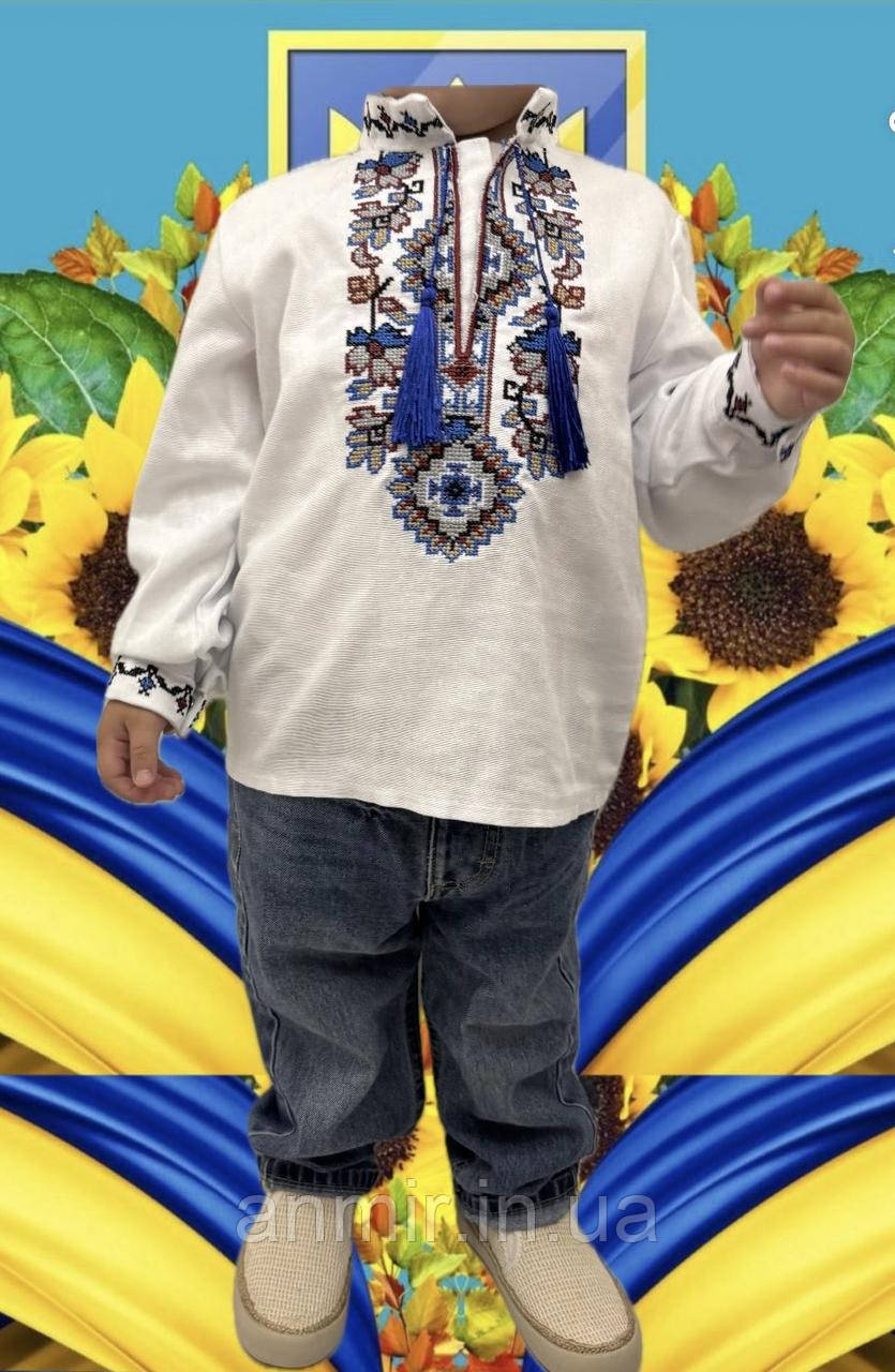 Вишиванка дитячий комір-стійка на зав'язках льон для хлопчика 2-6 років, білого кольору