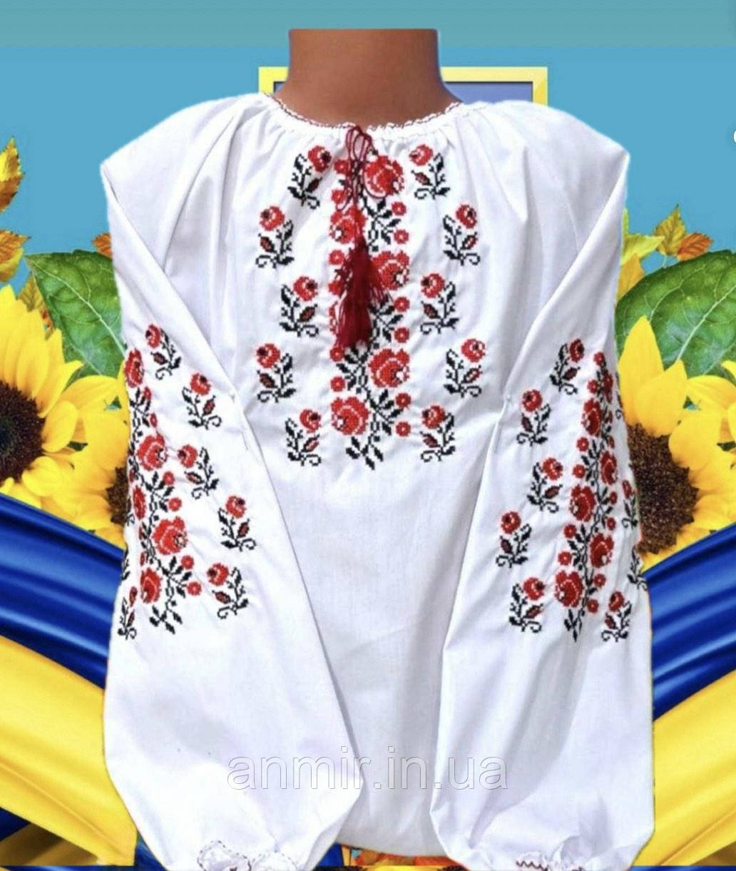 Блузка-вишиванка підліткова поплін комір на зав'язках для дівчинки 7-11 років, білого кольору