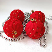 Новорічні кулі оксамитові червоні 8 см — набір ялинкових прикрас