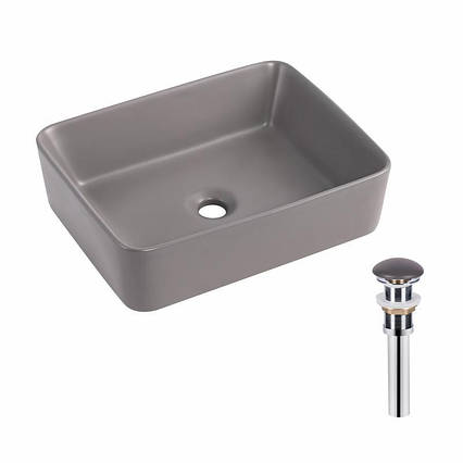 Раковина накладна Qtap Tern 480x370x135 мм, Stone grey, прямокутна, з донним клапаном QT17116069SG, фото 1