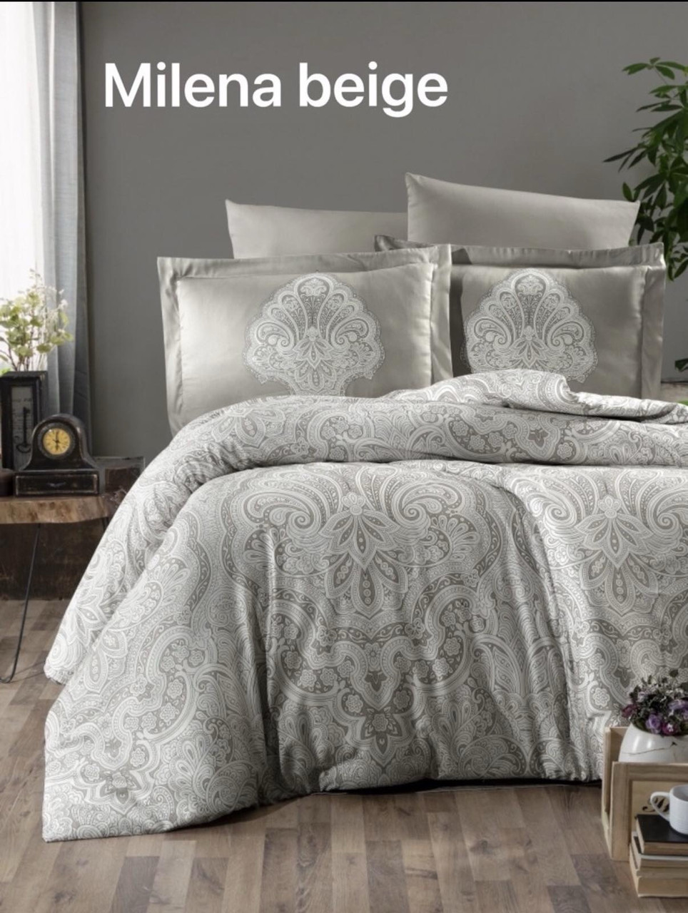 Постільна білизна Issi Home сатин люкс полуторний розмір Milena beige, фото 1