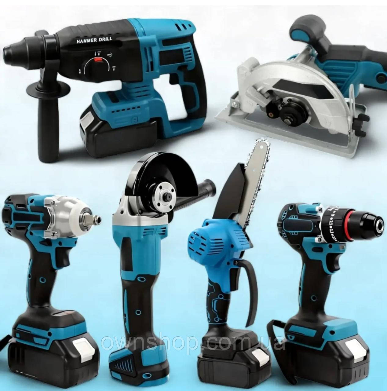 Акумуляторний набір інструментів 6 в 1 36V (шурупокрут, гілкоріз, болгарка, перфоратор, гайковерт, циркулярна пила), фото 1