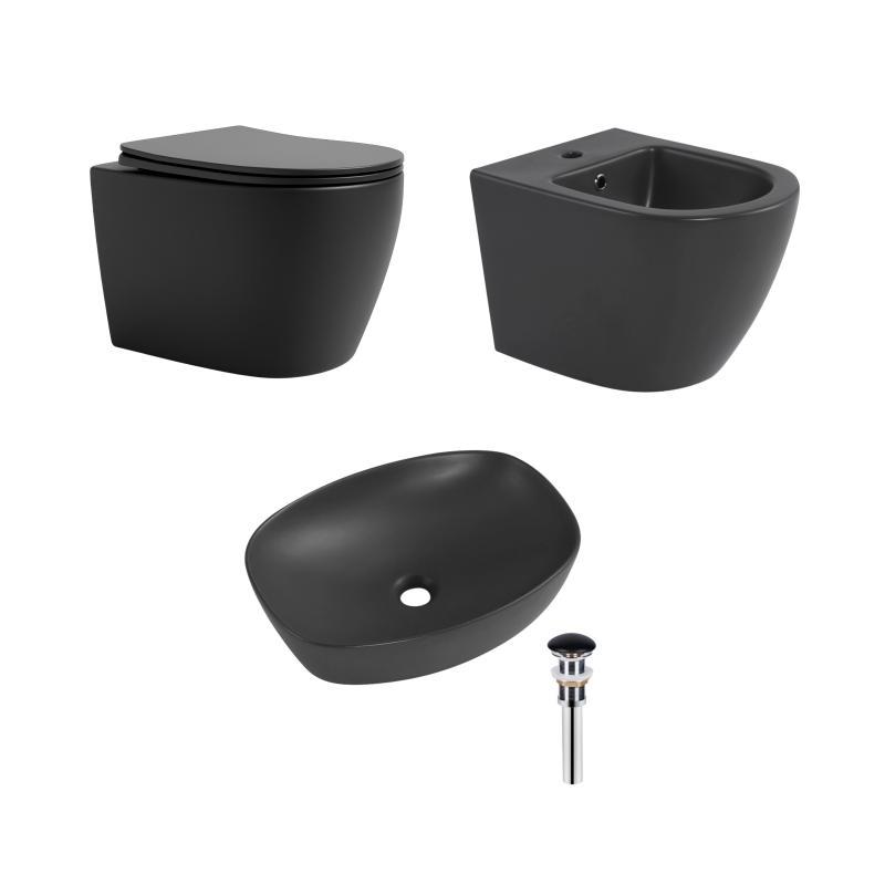 Комплект Qtap Robin Anthracite 3 в 1: унітаз підвісний Ultra Quiet + біде підвісне + раковина накладна QTROBAN49157